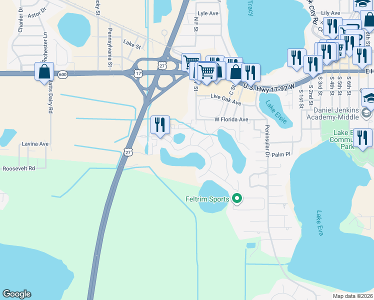 map of restaurants, bars, coffee shops, grocery stores, and more near 162 Kenny Boulevard in Haines City