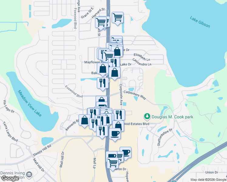 map of restaurants, bars, coffee shops, grocery stores, and more near 1075 Carpenters Way in Lakeland