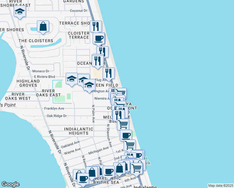 map of restaurants, bars, coffee shops, grocery stores, and more near 995 North Miramar Avenue in Indialantic