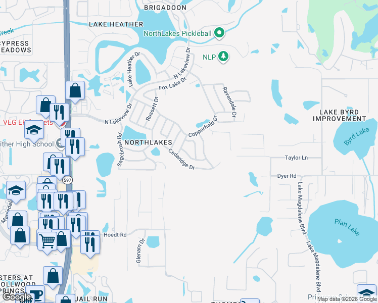 map of restaurants, bars, coffee shops, grocery stores, and more near 16007 Ballica Drive in Tampa