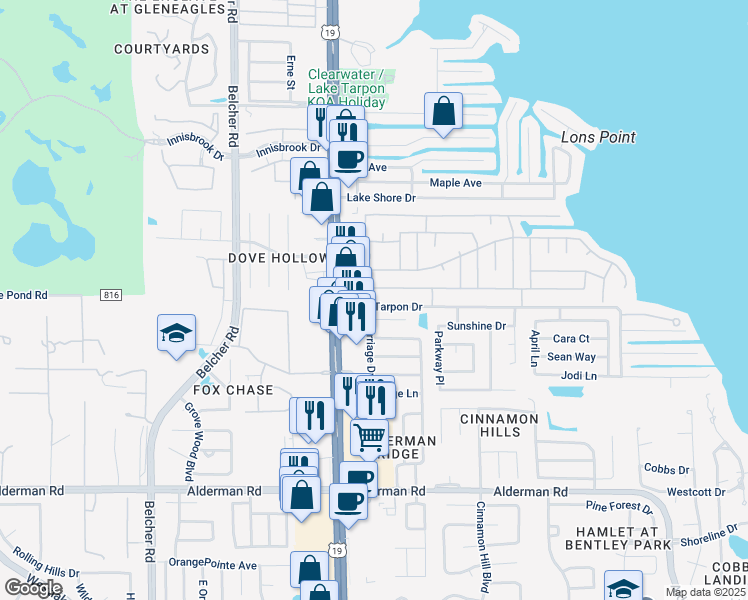 map of restaurants, bars, coffee shops, grocery stores, and more near 100 Independence Avenue in Palm Harbor