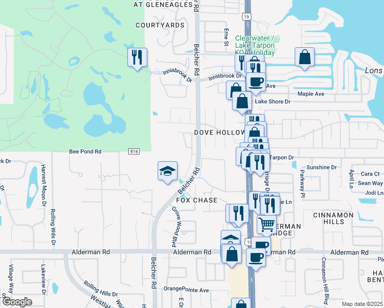 map of restaurants, bars, coffee shops, grocery stores, and more near 3395 Fox Hunt Drive in Palm Harbor