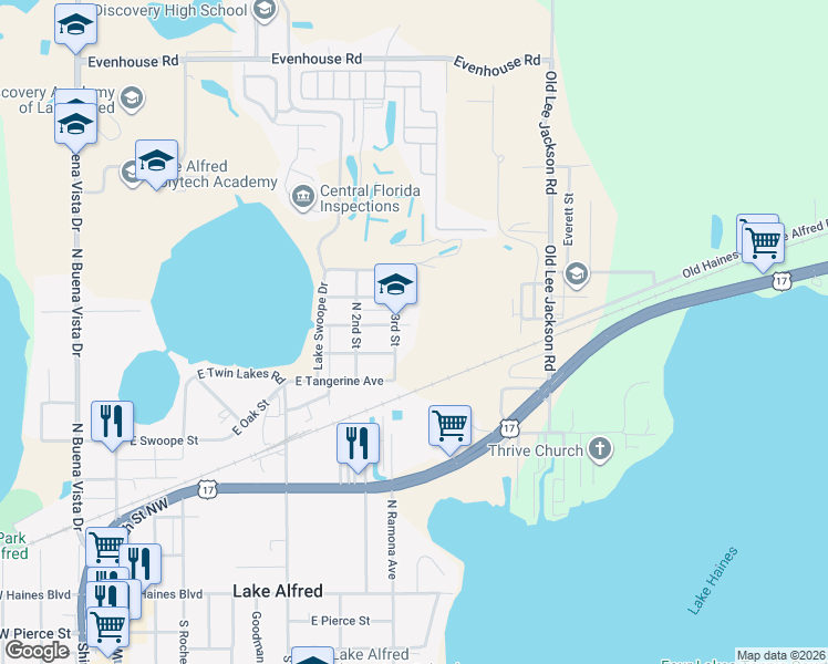 map of restaurants, bars, coffee shops, grocery stores, and more near 795 East Midway Avenue in Lake Alfred