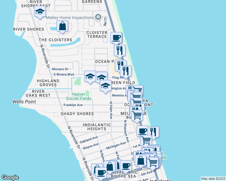 map of restaurants, bars, coffee shops, grocery stores, and more near 157 Washington Avenue in Indialantic