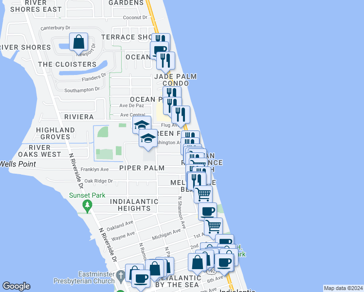 map of restaurants, bars, coffee shops, grocery stores, and more near 129 Washington Avenue in Indialantic