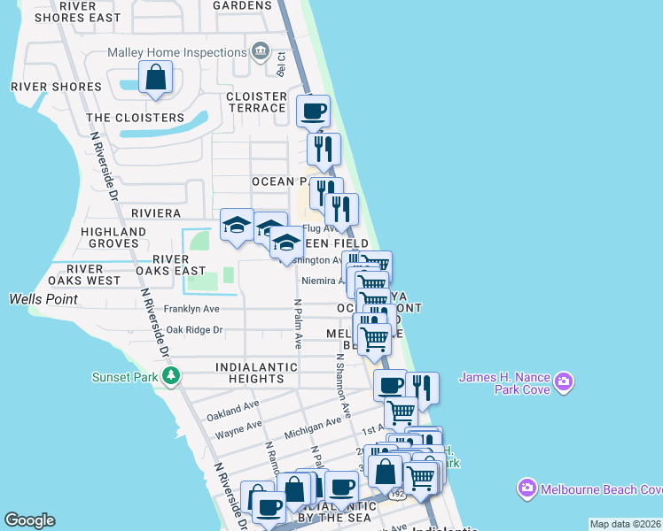 map of restaurants, bars, coffee shops, grocery stores, and more near 133b Washington Avenue in Indialantic