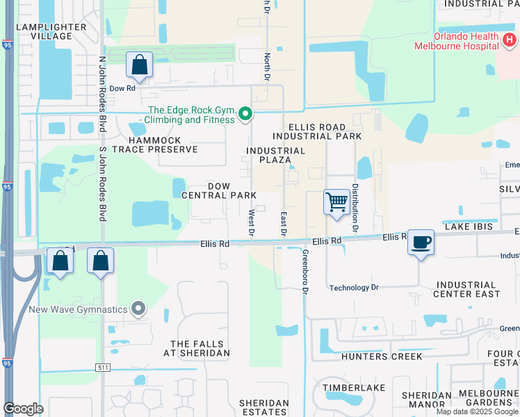 map of restaurants, bars, coffee shops, grocery stores, and more near 255-499 West Drive in Melbourne