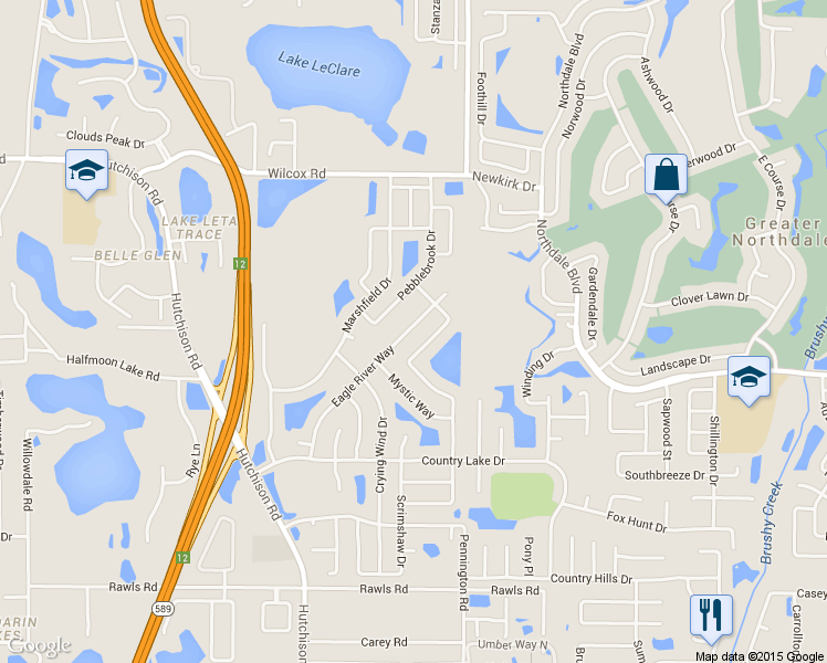 map of restaurants, bars, coffee shops, grocery stores, and more near 16022 Eagle River Way in Tampa