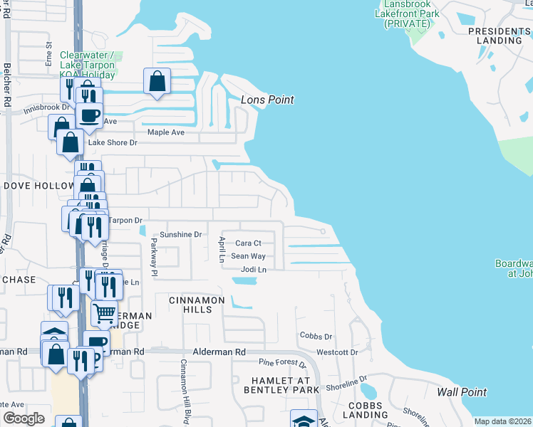 map of restaurants, bars, coffee shops, grocery stores, and more near 16 Hamilton Avenue in Palm Harbor