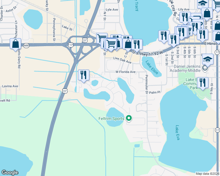 map of restaurants, bars, coffee shops, grocery stores, and more near 181 Brooke's Place in Haines City