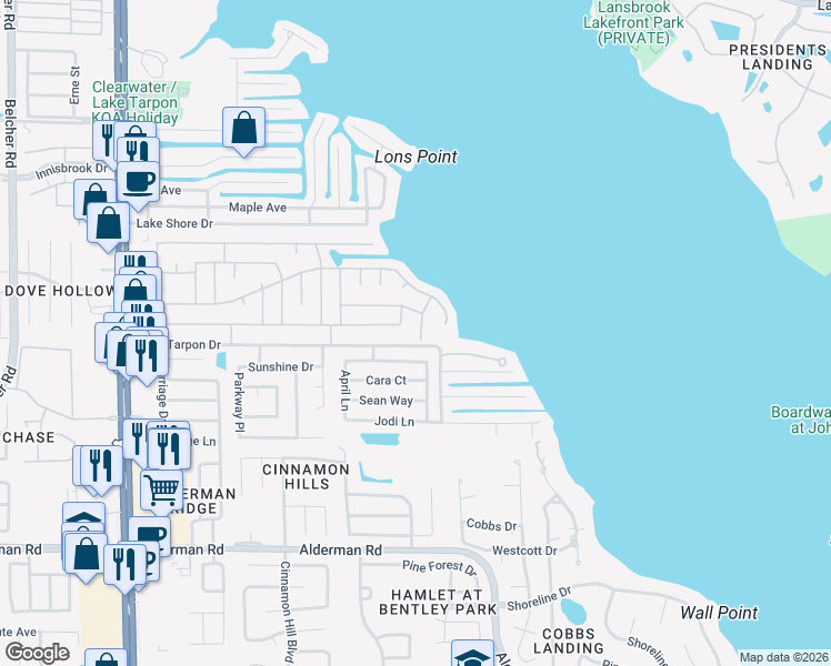 map of restaurants, bars, coffee shops, grocery stores, and more near 16 Hamilton Avenue in Palm Harbor