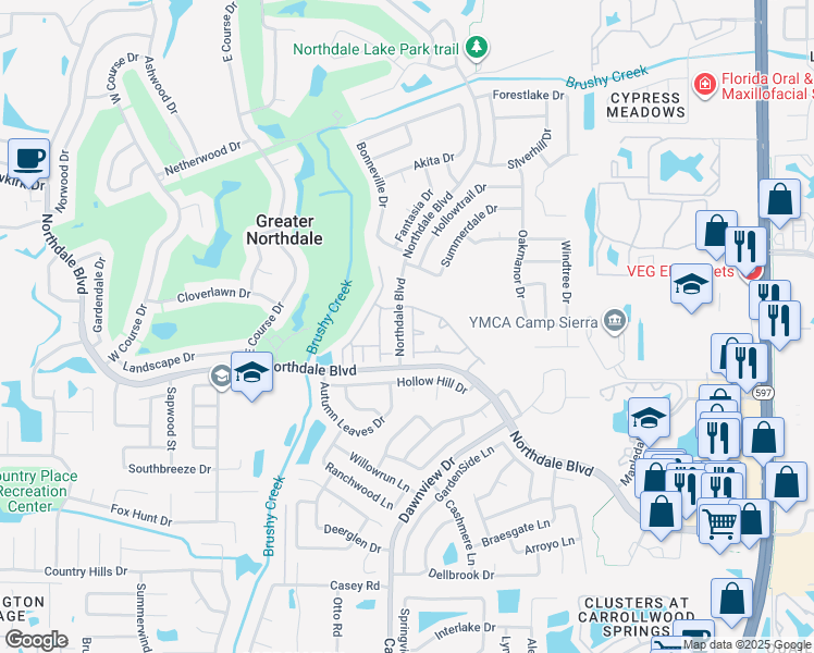map of restaurants, bars, coffee shops, grocery stores, and more near 4215 Brentwood Park Circle in Tampa