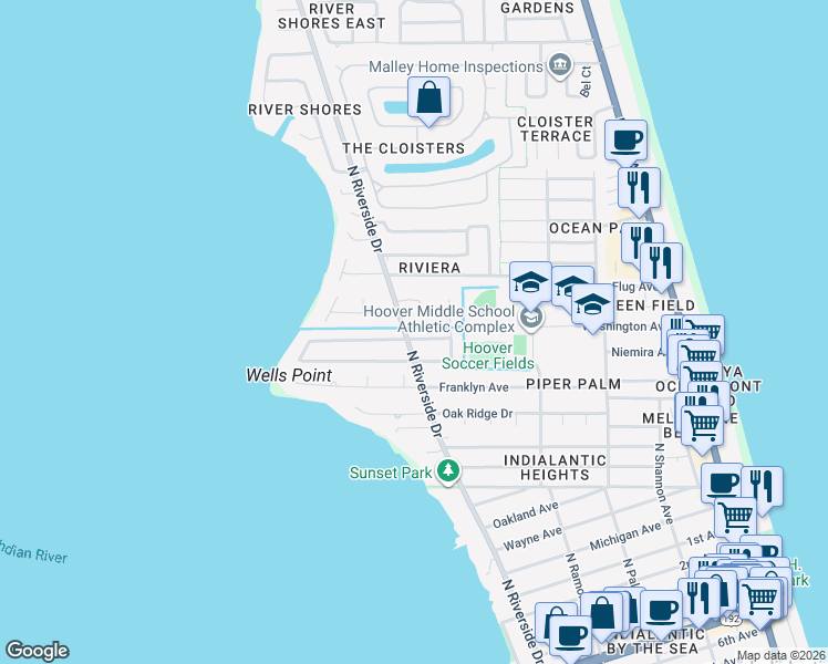 map of restaurants, bars, coffee shops, grocery stores, and more near 500 North River Oaks Drive in Indialantic