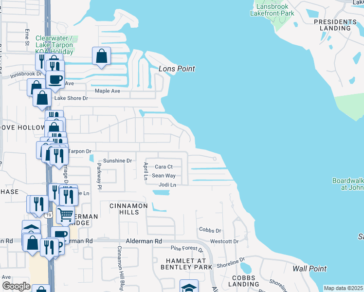 map of restaurants, bars, coffee shops, grocery stores, and more near 16 Hamilton Avenue in Palm Harbor