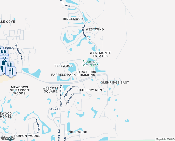 map of restaurants, bars, coffee shops, grocery stores, and more near 4141 Daventry Lane in Palm Harbor