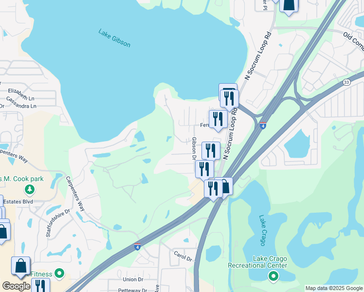 map of restaurants, bars, coffee shops, grocery stores, and more near 4634 Island Shores Lane in Lakeland