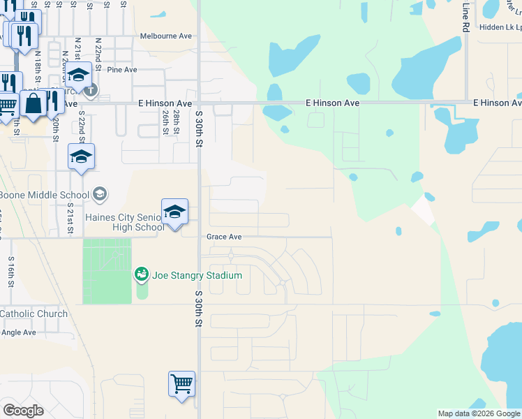 map of restaurants, bars, coffee shops, grocery stores, and more near 68 Joel Massey Road in Haines City