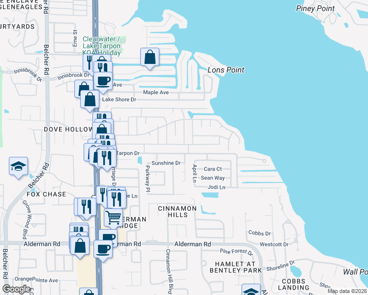 map of restaurants, bars, coffee shops, grocery stores, and more near 220 Independence Avenue in Palm Harbor
