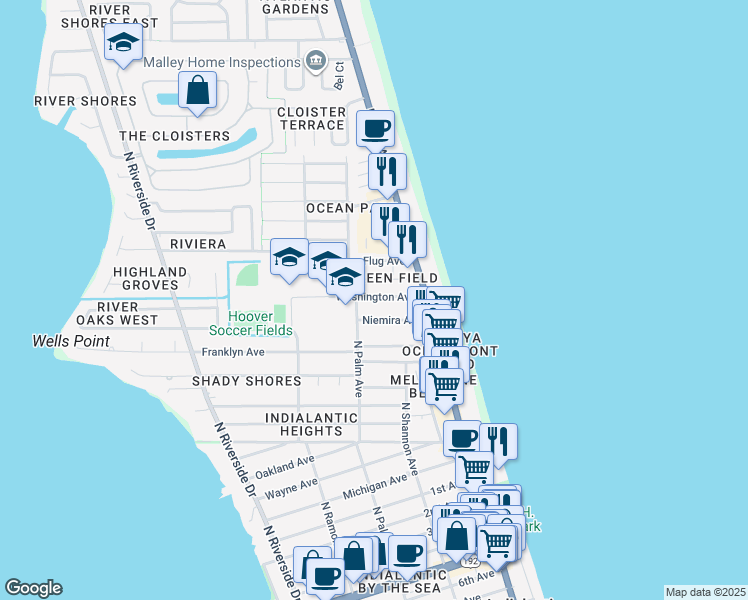 map of restaurants, bars, coffee shops, grocery stores, and more near 157 Washington Avenue in Indialantic
