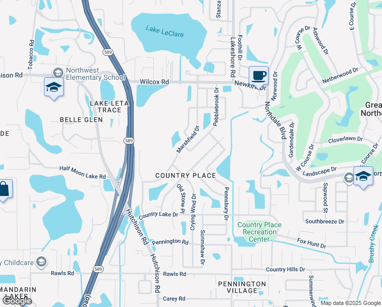 map of restaurants, bars, coffee shops, grocery stores, and more near 16107 Pebblebrook Drive in Tampa