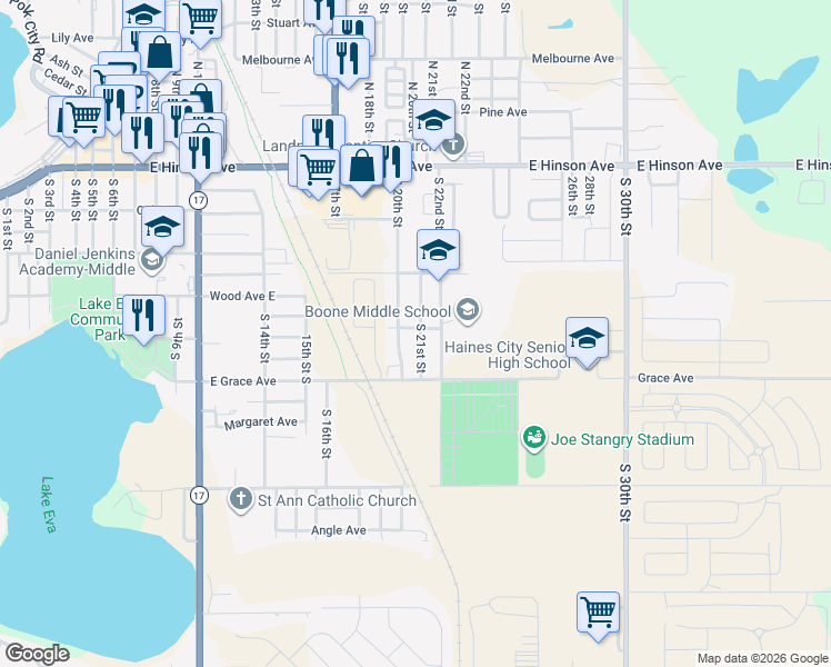 map of restaurants, bars, coffee shops, grocery stores, and more near 302 South 21st Street in Haines City