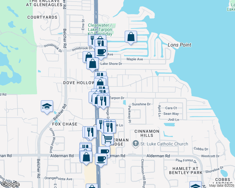 map of restaurants, bars, coffee shops, grocery stores, and more near 128 Independence Avenue in Palm Harbor