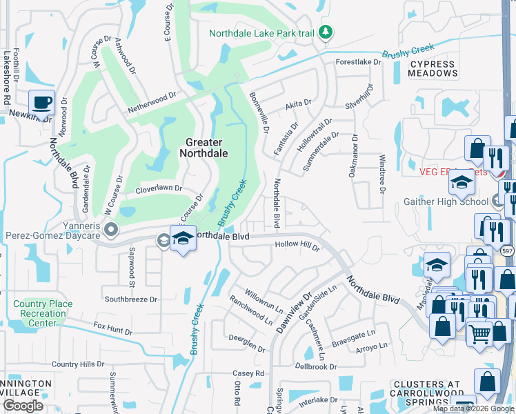 map of restaurants, bars, coffee shops, grocery stores, and more near 16221 Rambling Vine Drive West in Tampa