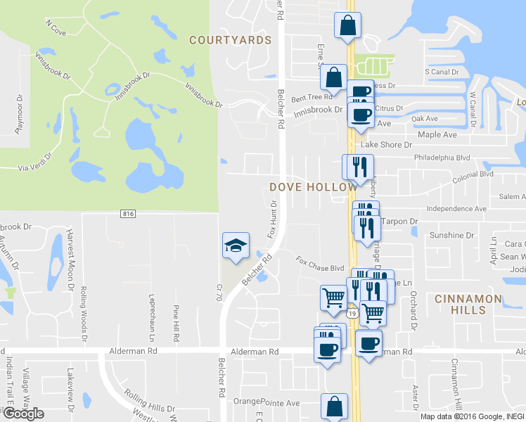 map of restaurants, bars, coffee shops, grocery stores, and more near 3420 Primrose Way in Palm Harbor