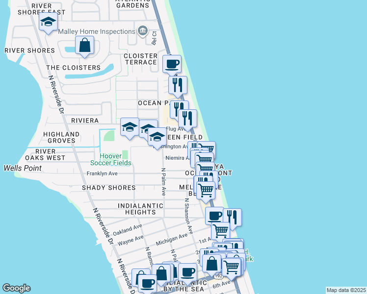 map of restaurants, bars, coffee shops, grocery stores, and more near 133b Washington Avenue in Indialantic