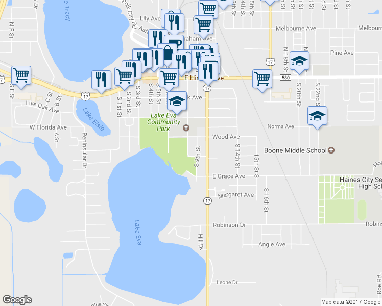 map of restaurants, bars, coffee shops, grocery stores, and more near 360 South 10th Street in Haines City