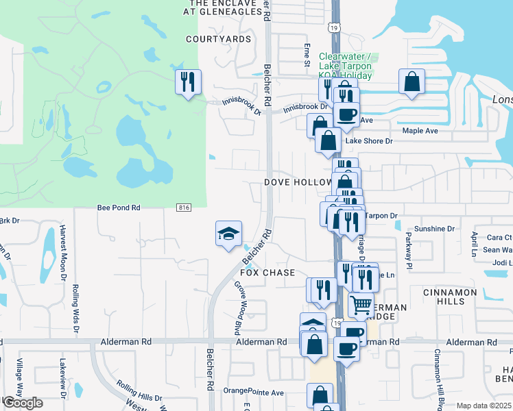 map of restaurants, bars, coffee shops, grocery stores, and more near 3406 Primrose Way in Palm Harbor