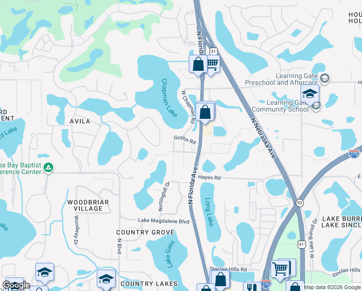 map of restaurants, bars, coffee shops, grocery stores, and more near 16207 Highland Avenue in Lutz