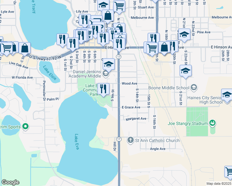 map of restaurants, bars, coffee shops, grocery stores, and more near 360 South 10th Street in Haines City