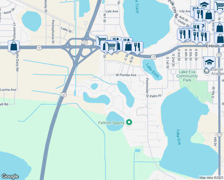 map of restaurants, bars, coffee shops, grocery stores, and more near 181 Brooke's Place in Haines City