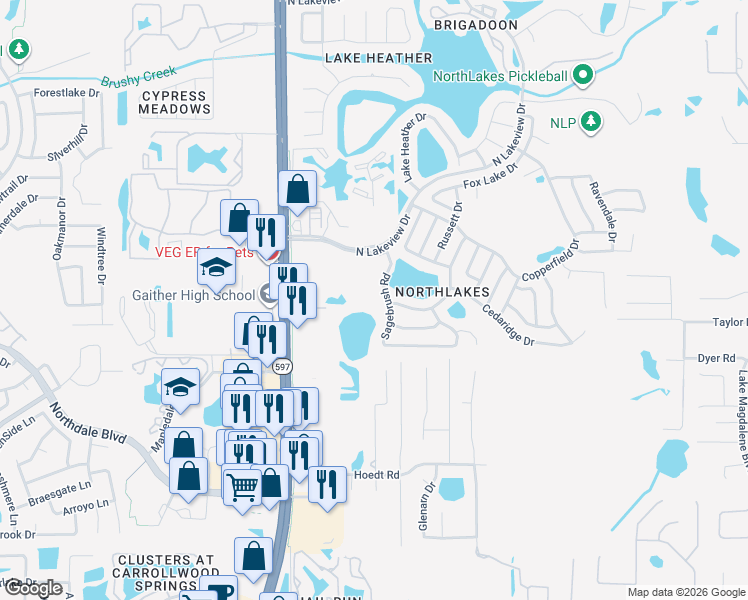 map of restaurants, bars, coffee shops, grocery stores, and more near 16214 Sagebrush Road in Tampa