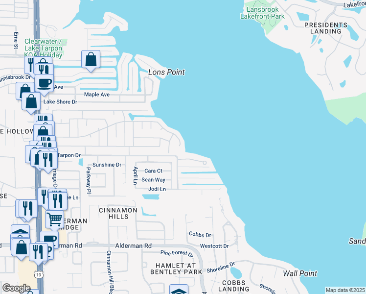 map of restaurants, bars, coffee shops, grocery stores, and more near 332 Colonial Boulevard in Palm Harbor