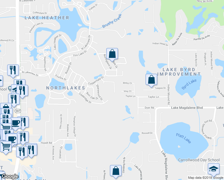 map of restaurants, bars, coffee shops, grocery stores, and more near 16010 Grass Lake Drive in Tampa