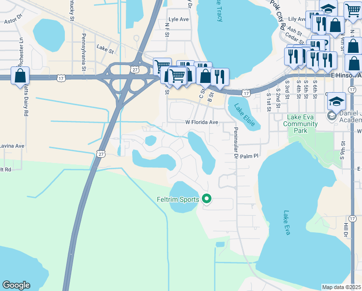 map of restaurants, bars, coffee shops, grocery stores, and more near 181 Brooke's Place in Haines City