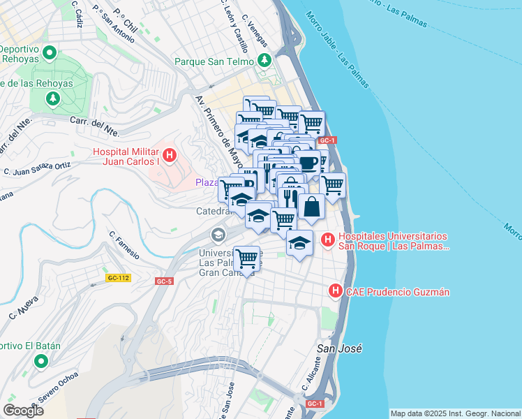 map of restaurants, bars, coffee shops, grocery stores, and more near 3 Calle San Diego de Alcalá in Las Palmas de Gran Canaria