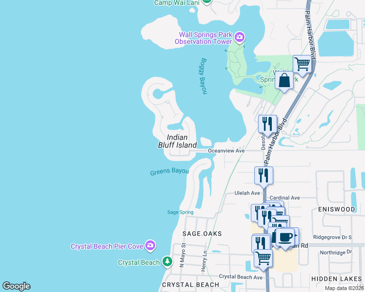 map of restaurants, bars, coffee shops, grocery stores, and more near 105 Peterson Ln in Palm Harbor