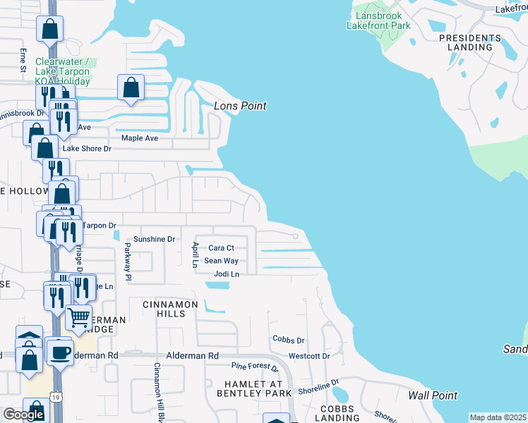 map of restaurants, bars, coffee shops, grocery stores, and more near 332 Colonial Boulevard in Palm Harbor