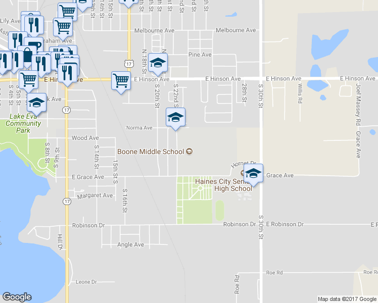 map of restaurants, bars, coffee shops, grocery stores, and more near 225 South 22nd Street in Haines City