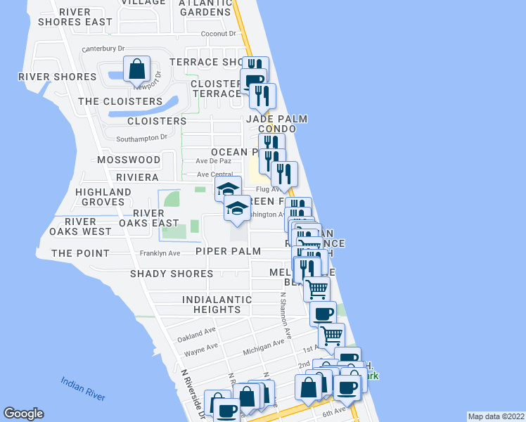 map of restaurants, bars, coffee shops, grocery stores, and more near 156 Washington Avenue in Indialantic