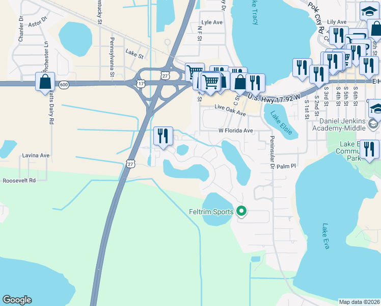 map of restaurants, bars, coffee shops, grocery stores, and more near 162 Kenny Boulevard in Haines City