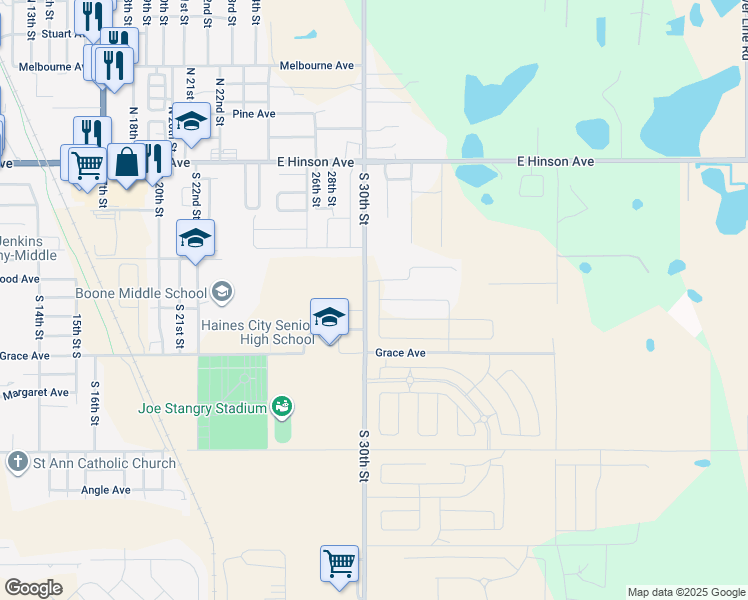 map of restaurants, bars, coffee shops, grocery stores, and more near 510 South 30th Street in Haines City