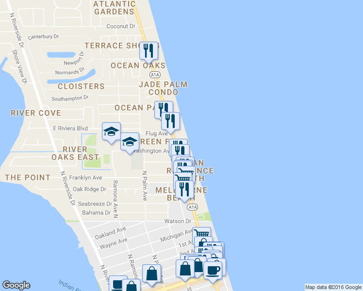 map of restaurants, bars, coffee shops, grocery stores, and more near 1095 North Highway A1A in Indialantic