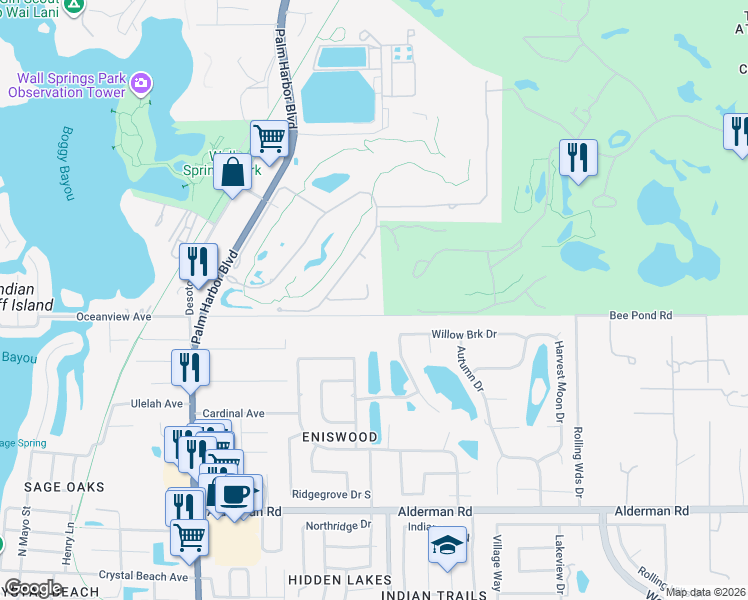 map of restaurants, bars, coffee shops, grocery stores, and more near 1058 Roundstone Place in Palm Harbor