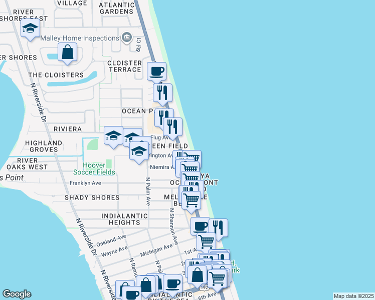 map of restaurants, bars, coffee shops, grocery stores, and more near 995 North Miramar Avenue in Indialantic