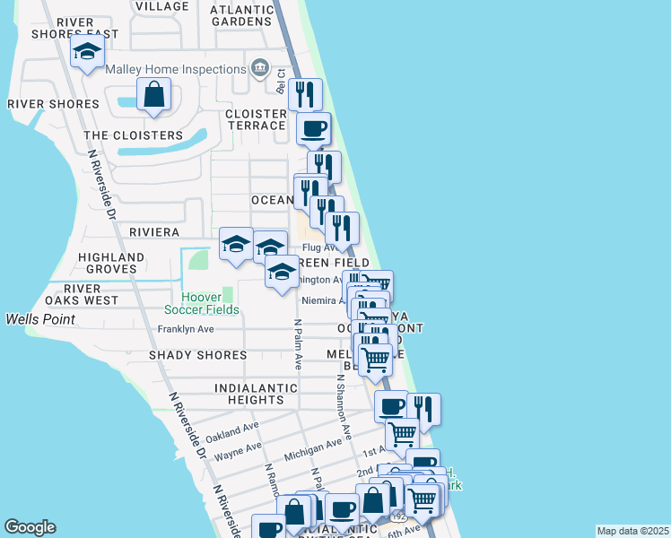 map of restaurants, bars, coffee shops, grocery stores, and more near 125 Palmetto Avenue in Indialantic