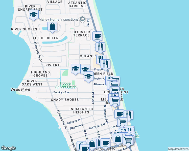 map of restaurants, bars, coffee shops, grocery stores, and more near 157 Washington Avenue in Indialantic